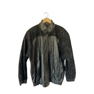 Vintage Comint Leather Dolman Sleeve Abstract Embossed Black Jacket Large